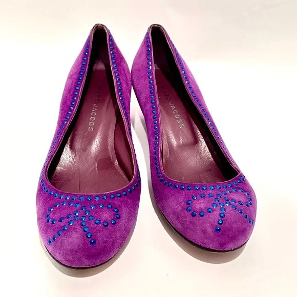 MARC JACOBS Purple Suede w Blue Stud Bow Accents 1.5” Heels | EUC | Size  37.5 - Picture 7 of 7